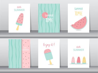 Yaz arkaplanları, desen, poster, selamlama, kartlar, meyveler, plaj, Vektör illüstrasyonları EPS10.