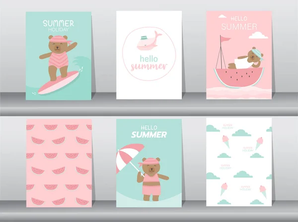 Set Von Niedlichen Tieren Für Sommerkarten Auf Muster Poster Vorlage — Stockvektor