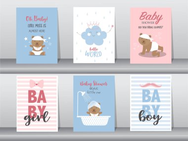 Bebek partisi davetiyeleri, mutlu yıllar, poster, şablon, selamlama, şirin, ayı, hayvan, vektör çizimleri.