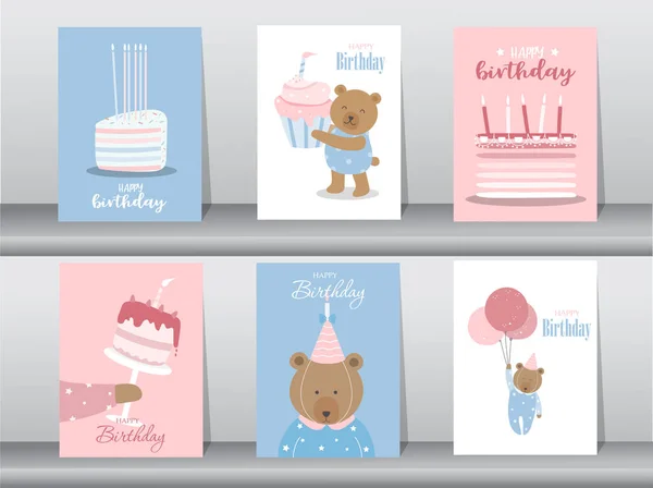 Set Birthday Cards Poster Invitation Template Greeting Cards Animals Cute — 스톡 벡터