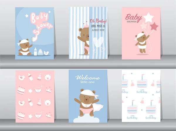 Set Biglietti Invito Baby Shower Buon Compleanno Poster Modello Saluto — Vettoriale Stock