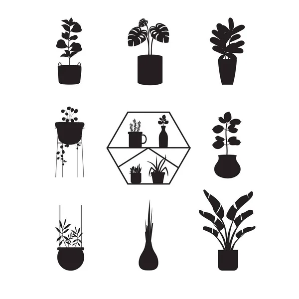 Siluety Sbírka Dekor Dům Vnitřní Zahradní Rostliny Black White House — Stockový vektor