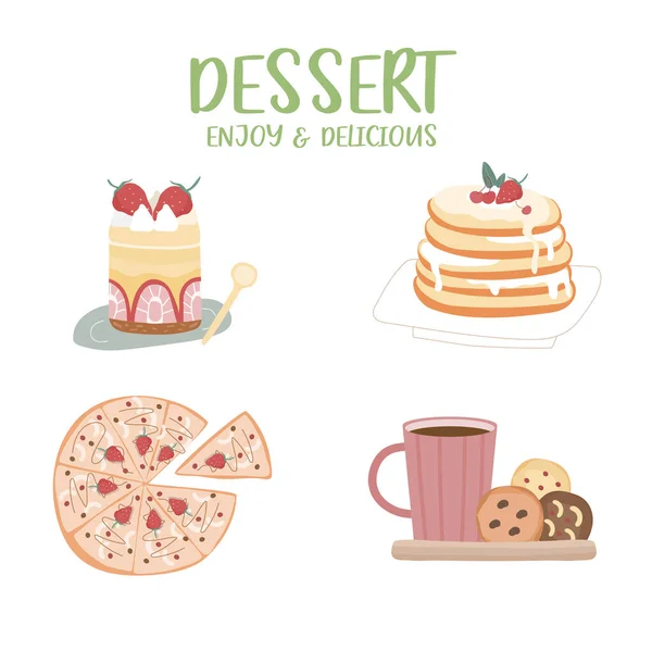 Set Dessert Collection Cartoon Style Icons Isolated White Background Sweet — Vetor de Stock