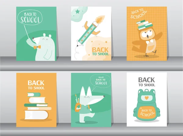 Set Cute Animal Back School Card Set School Kids Note — Stockvektor