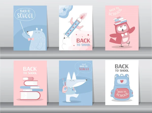 Set Cute Animal Back School Card Set School Kids Note — Stockvector