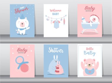 Bebek partisi davetiyeleri, mutlu yıllar, poster, şablon, selamlama, şirin, hayvan, vektör çizimleri.