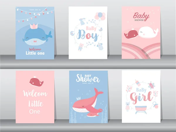 Set Van Baby Shower Uitnodigingskaarten Gelukkige Verjaardag Poster Template Begroeting — Stockvector