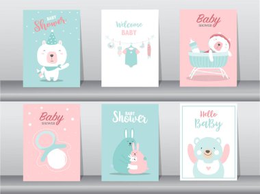 Bebek partisi davetiyeleri, mutlu yıllar, poster, şablon, selamlama, şirin, hayvan, vektör çizimleri.