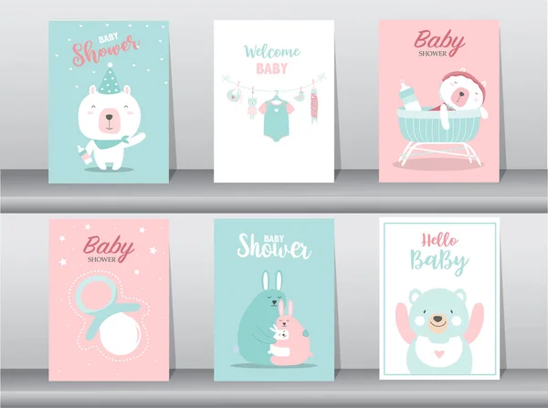 Set Van Baby Shower Uitnodigingskaarten Gelukkige Verjaardag Poster Template Begroeting — Stockvector