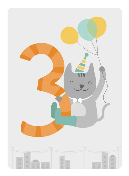 Симпатичный Дизайн Открыток Дню Рождения Плакат Приглашение Искушение Поздравление Кошка — стоковый вектор