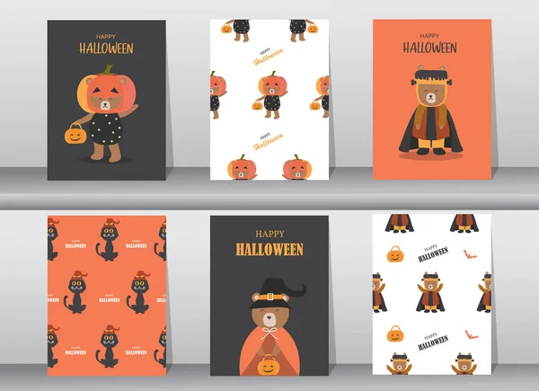 Készlet Halloween Aranyos Állat Kézzel Rajzolt Meghívó Vagy Üdvözlő Kártyák — Stock Vector