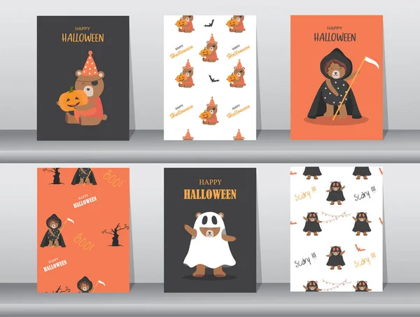 Set Halloween Carino Animale Disegnato Mano Invito Biglietti Auguri Modello — Vettoriale Stock