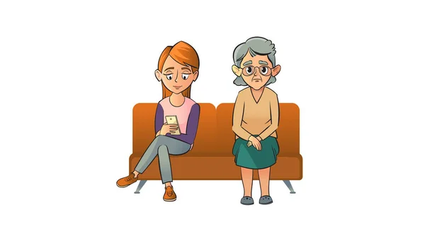 Δύο νέες και ηλικιωμένες γυναίκες κάθονται στον ίδιο καναπέ. — Διανυσματικό Αρχείο