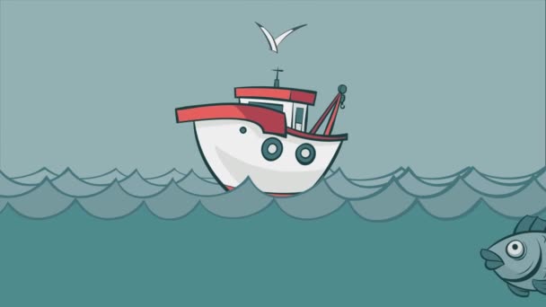 Fishing Boat Ocean Passing Fish Animated Graphics — Stock Video