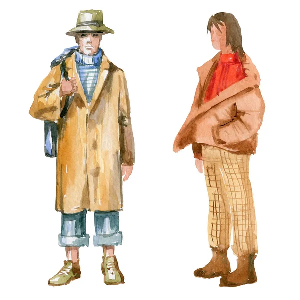 Two figures of young people in casual clothes. They go to the viewer. Full-length. Watercolor illustration — Stock Photo, Image