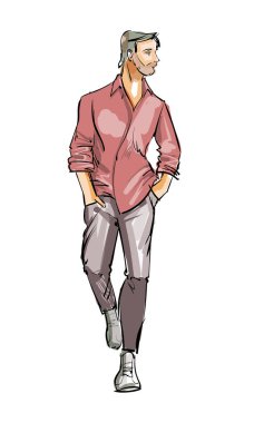 Gündelik giysiler içinde genç insanlar. İzleyiciye gidiyorlar. Tam boy. Suluboya çizimi