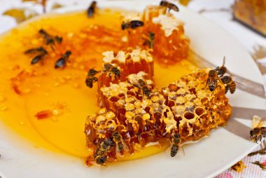 Bal peteklerinin dokusu yakınlaşıyor. Ballı sarı bal peteği. Panayırda ev yapımı bal satışı. Arılar bal dolu bir tabakta.