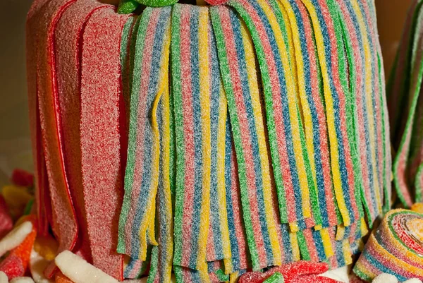 Textura Caramelos Multicolores Dulces Montón Cerca Tienda Dulces Ventana —  Fotos de Stock