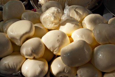 Masadaki peynirin farklı çeşitleri. Birçok peynir bir tarım fuarında satılır. Doğal ev ürünü. Sanatsal bir efekt olarak dramatik ışık karşıtlığı.