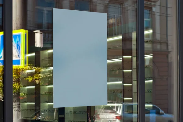 Werbebanner Einem Schaufenster Schild Hinter Dem Glas Kopieren Sie Platz — Stockfoto