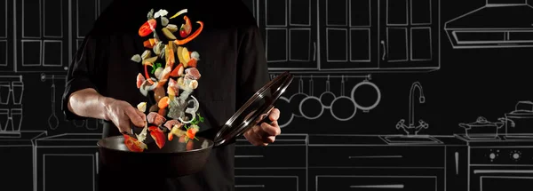 Овочі Тлі Розмитої Кухні Фотографія Поєднується Ілюстрацією Шеф Кухар Фоні — стокове фото