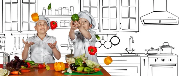 Şef Kostümlü Çocuklar Mutfakta Yemek Hazırlıyorlar Fotoğraf Illüstrasyonla Birleşti Mutfağın — Stok fotoğraf