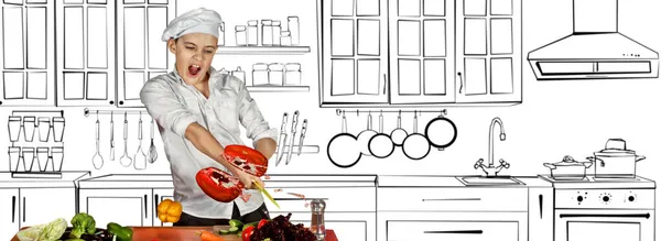 요리사 의상을 어린이들은 부엌에서 음식을 삽화가 결합되어 있습니다 내부의 배경에서 — 스톡 사진