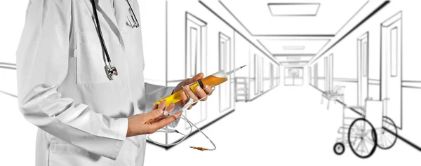 Bulanık Hastane Koridorunda Beyaz Önlüklü Bir Doktor Fotoğraf Illüstrasyonla Birleşti — Stok fotoğraf