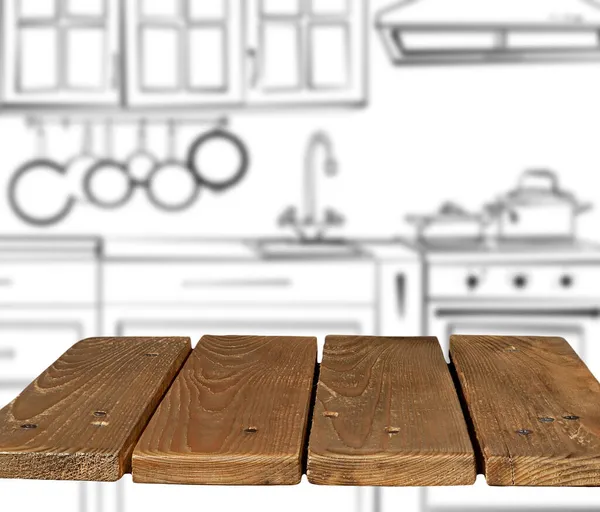 Drewniana Deska Tle Zamazanej Kuchni Zdjęcie Jest Połączone Ilustracją Przestrzeń — Zdjęcie stockowe