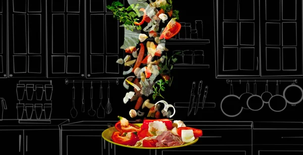 Овочі Літають Тлі Розмитої Кухні Фотографія Поєднується Ілюстрацією Салат Тлі — стокове фото