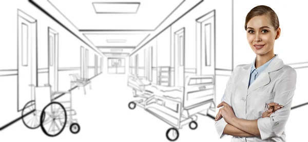 Frau Weißem Mantel Auf Verschwommenem Krankenhausflur Das Foto Wird Mit — Stockfoto