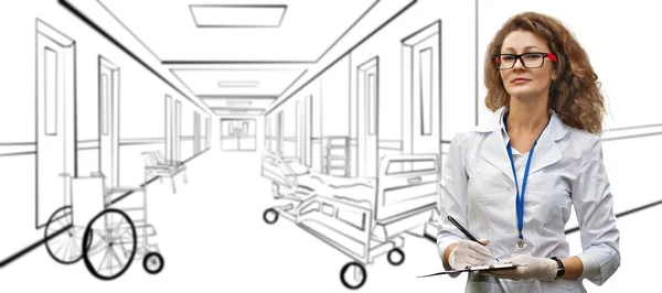 Bulanık Hastane Koridorunda Beyaz Önlüklü Bir Kadın Fotoğraf Illüstrasyonla Birleşti — Stok fotoğraf