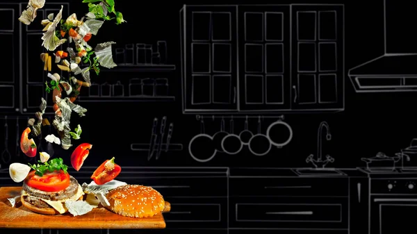 Овочі Літають Тлі Розмитої Кухні Фотографія Поєднується Ілюстрацією Салат Тлі — стокове фото