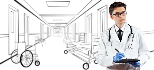 Bulanık Hastane Koridorunda Beyaz Önlüklü Bir Doktor Fotoğraf Illüstrasyonla Birleşti — Stok fotoğraf