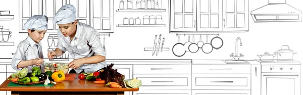 Děti Kostýmech Připravují Jídlo Kuchyni Fotografie Kombinovaná Ilustrací Vařit Pozadí — Stock fotografie
