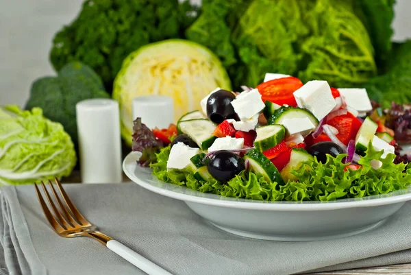 Greek Salad White Background Salad Plate Old Wooden Table Cabbage — 图库照片