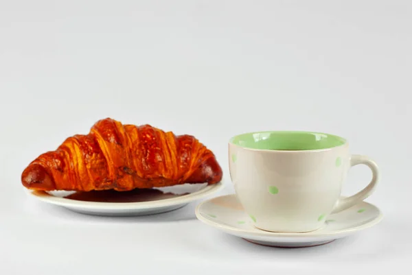 Yellow Croissant Plate Coffee Isolated White Background Classic Breakfast Close — Stock Photo, Image