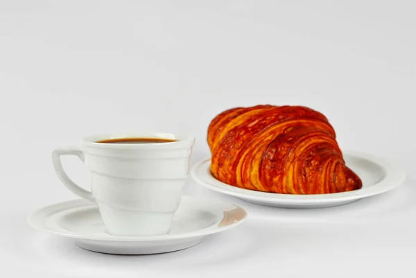 Yellow Croissant Plate Coffee Isolated White Background Classic Breakfast Close — Stock Photo, Image