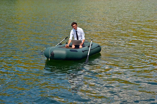 Man White Shirt Inflatable Boat Businessman Laptop Resting Lake Concept — Stock Photo, Image