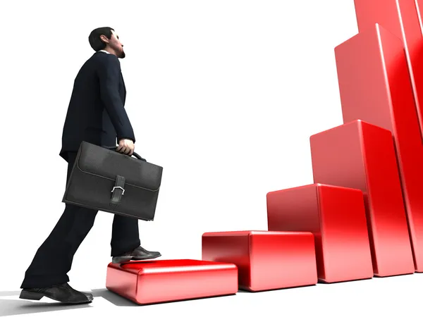 Affärsman klättrar upp till toppen av 3d framgång trappa steg — Stockfoto