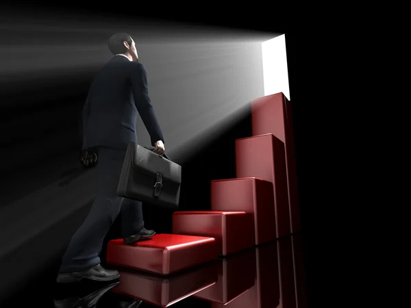 Business man climbs up to the top of 3D success stairs steps — Stock Photo, Image