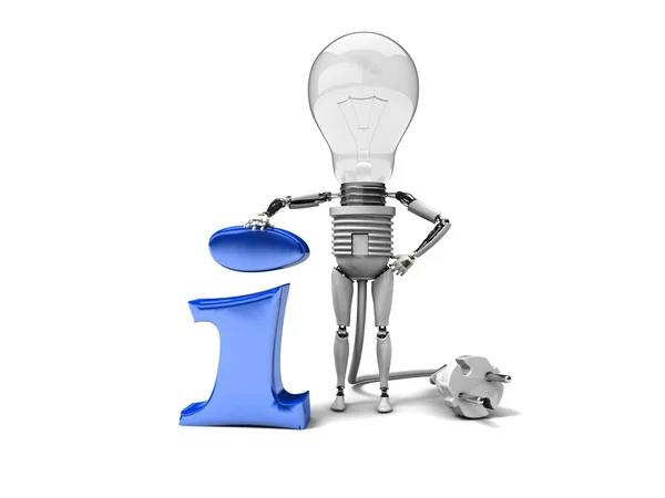 He robot "bulb" perplexedly looks at a question mark — Stock Photo, Image