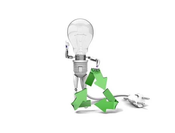 Der Roboter "Birne" lehnt sich an das Recycling-Symbol und zeigt "ok" isoliert auf weißem Hintergrund — Stockfoto