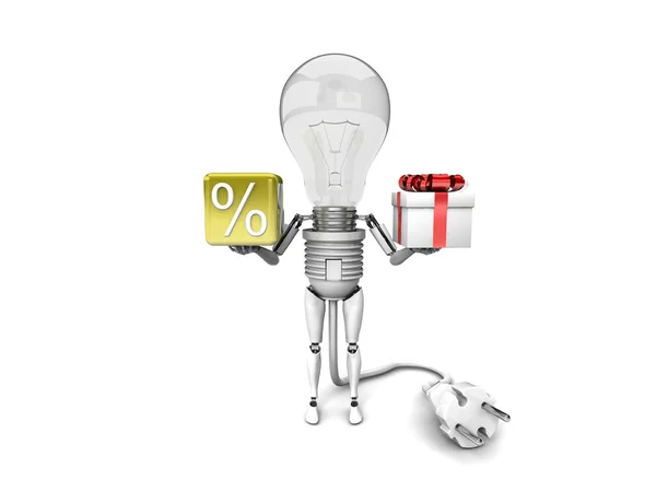 Roboten "glödlampa" håller i en händer procenttecken och gåva isolerad på en vit bakgrund — Stockfoto