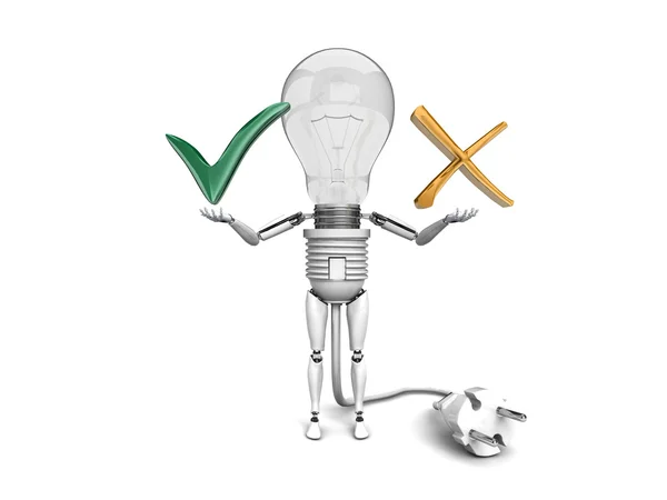 The robot "bulb" Holds in a hands "Yes" and "No" signs isolated on a white background — Stock Photo, Image