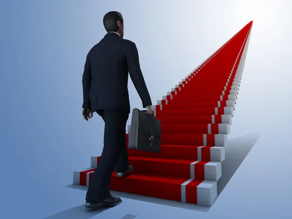 Business man climbs up to the top of 3D success stairs steps — Stock Photo, Image