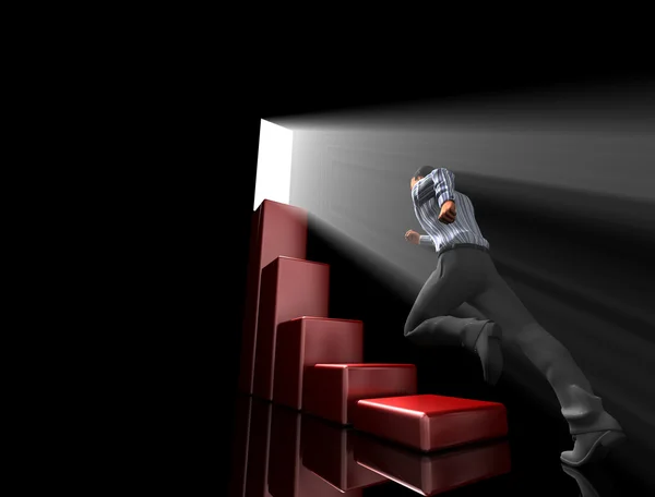 Business man climbs up to the top of 3D success stairs steps — Stock Photo, Image