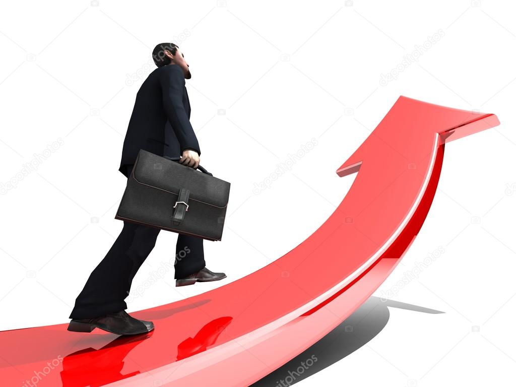 Businessman towards arrow pointing up direction overcome of economy recession concept 3d illustration