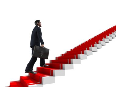 iş adamı 3d başarı merdiven merdiven üst kadar tırmanıyor