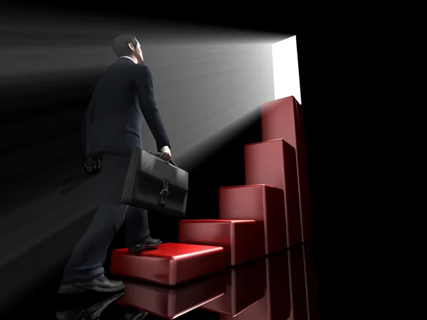 Homem de negócios sobe até o topo das escadas de sucesso 3D passos — Fotografia de Stock